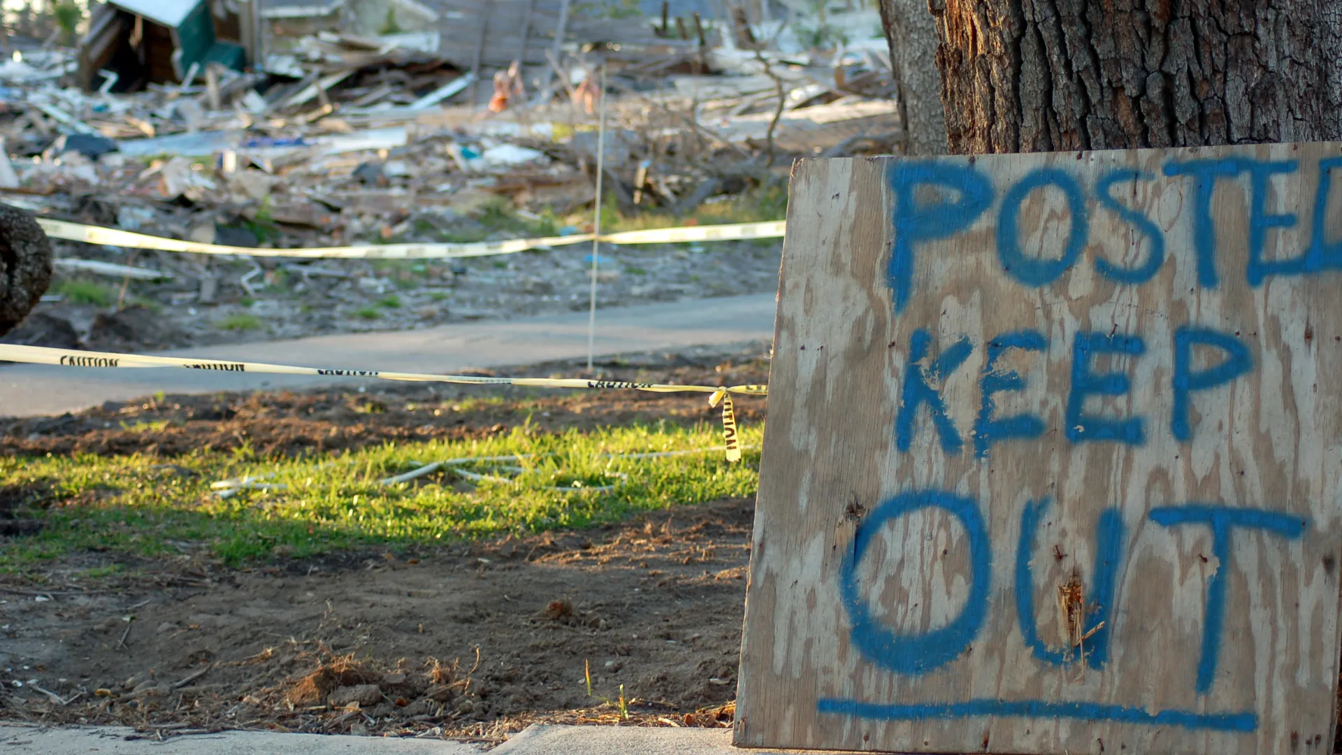 Natural disaster with poster keep out sign